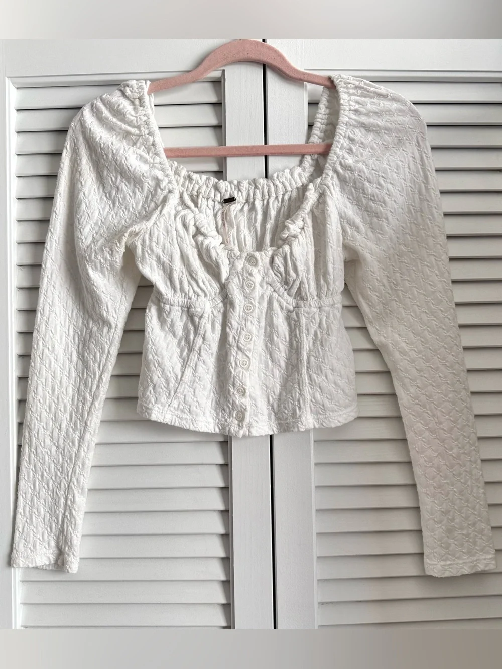 Free People White Puff-Sleeve Button Crop Top